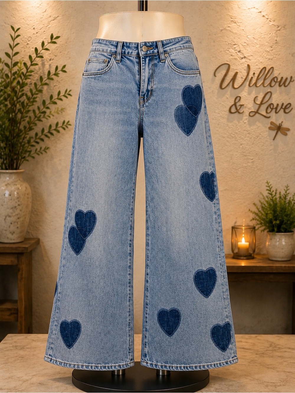 Mica Light Blue Wide-Leg Jeans with Heart Patches